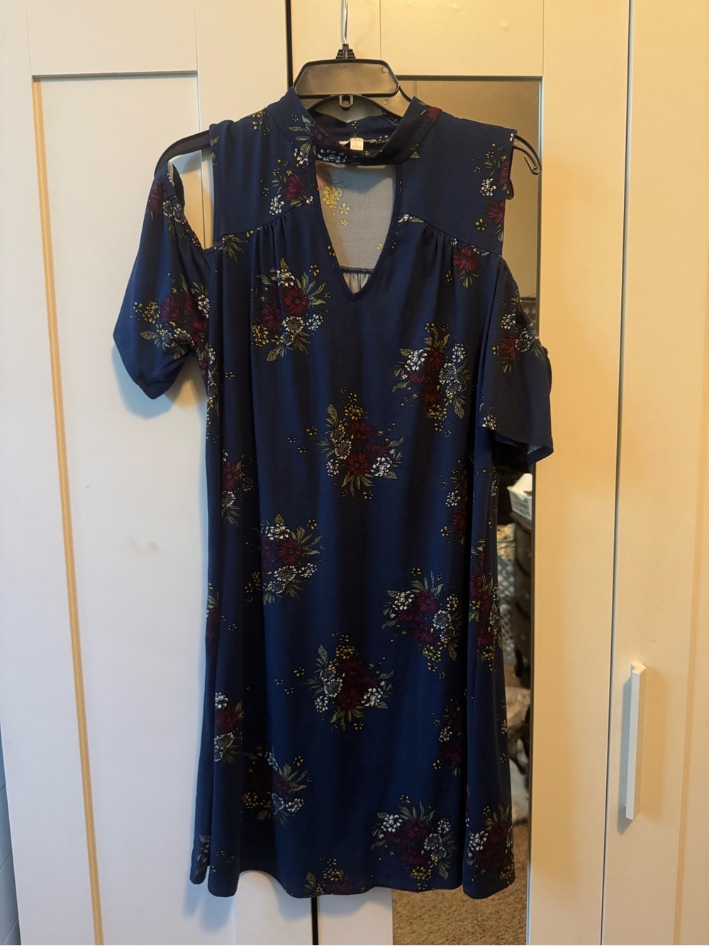 Navy Floral Cold-Shoulder Dress with Choker Neck